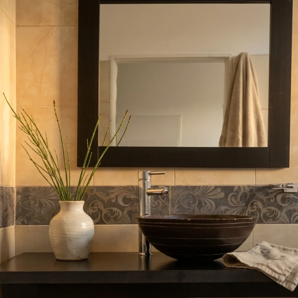 lavabo moderno con detalles naturales en suite en Chilecito