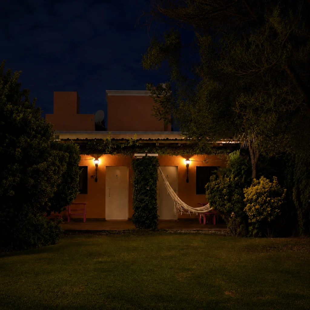Suite privada en Chilecito de noche con hamaca y jardín iluminado